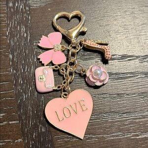 Pink 'Love' Heart Charm Keychain with Bow, Purse, Flower & Shoe
